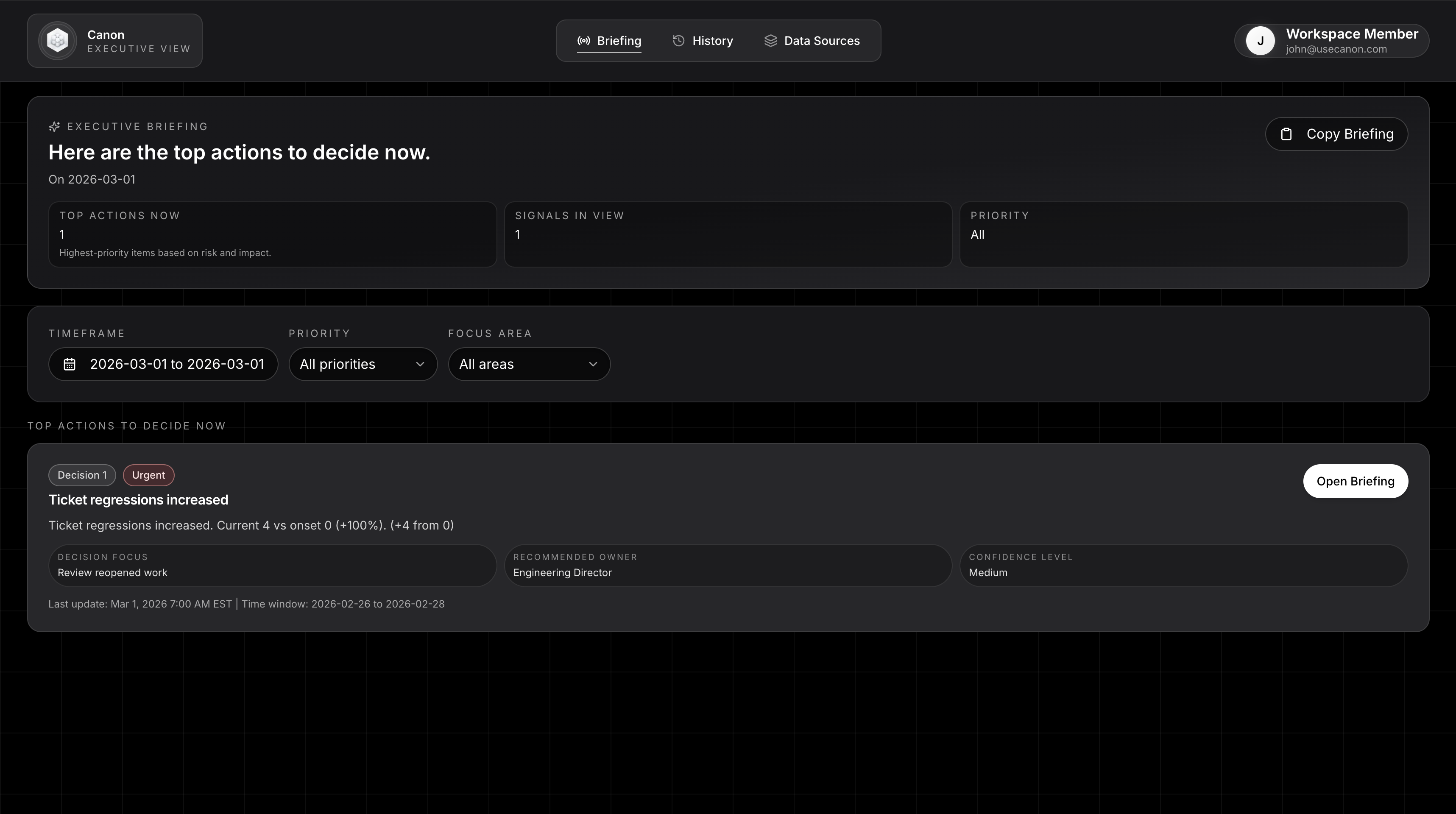 Canon executive briefing showing what shipped, what is stuck, and what needs attention this week.