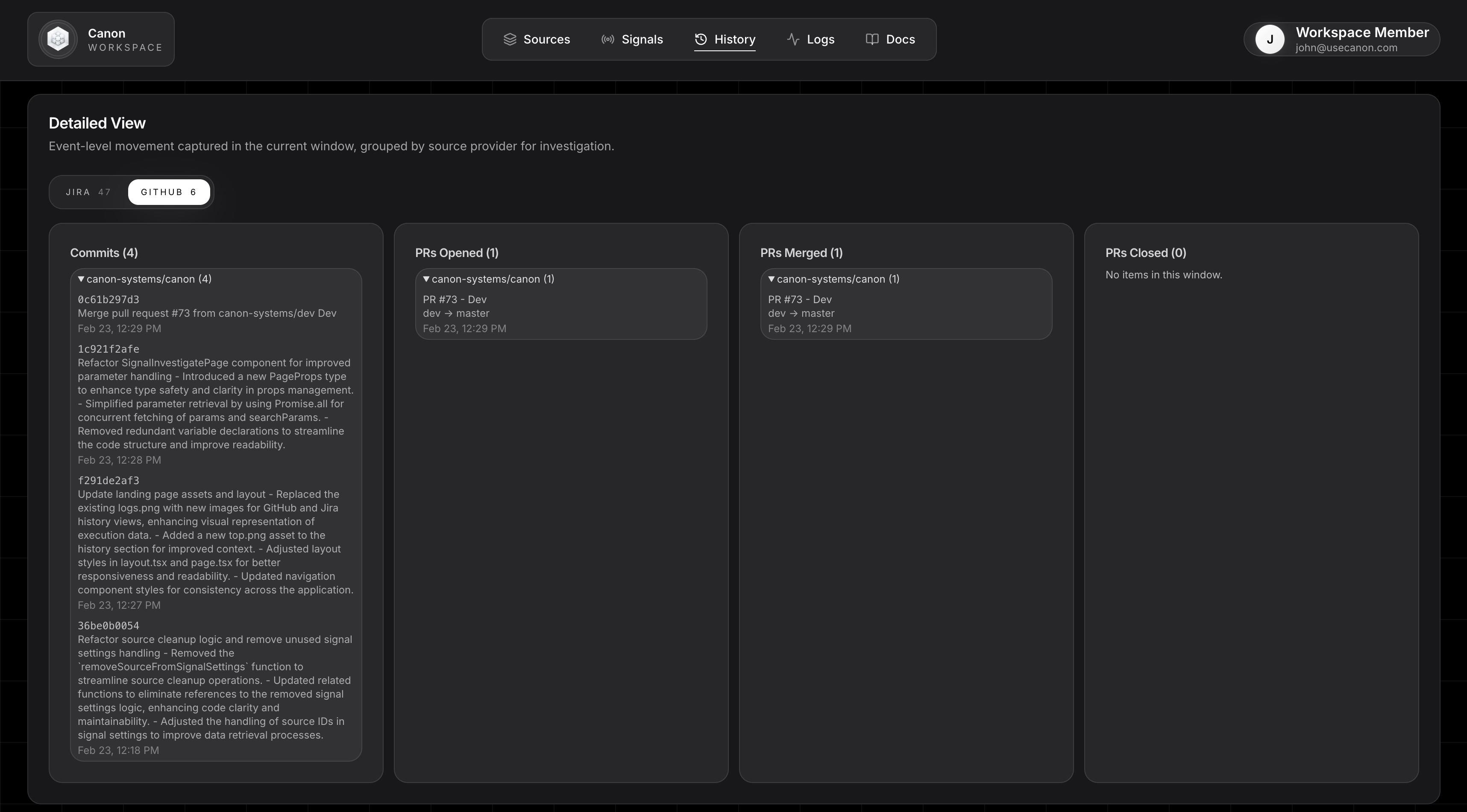 Canon history view for GitHub showing baseline comparisons and delivery metrics.