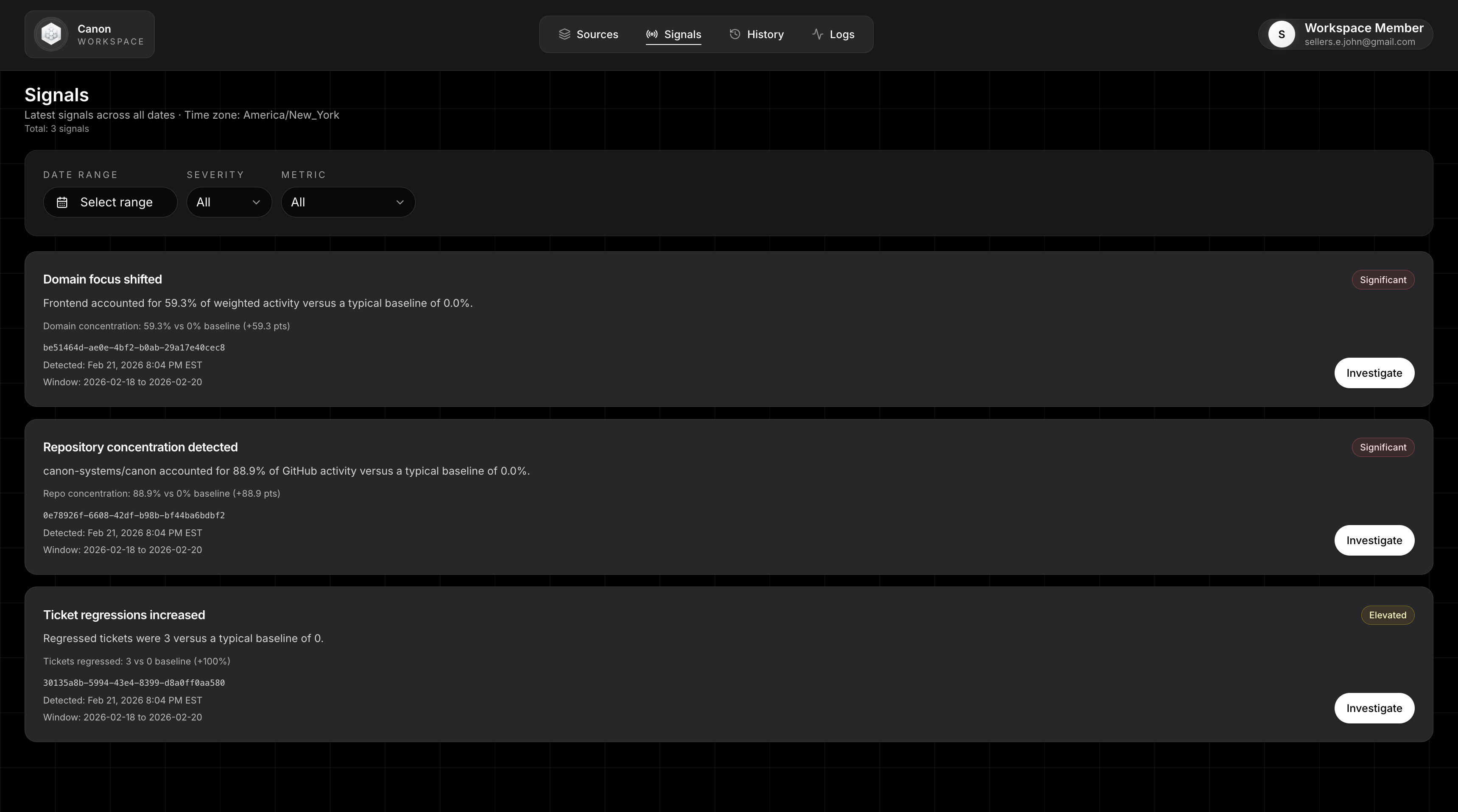 Canon signals view listing significant execution shifts and investigation actions.